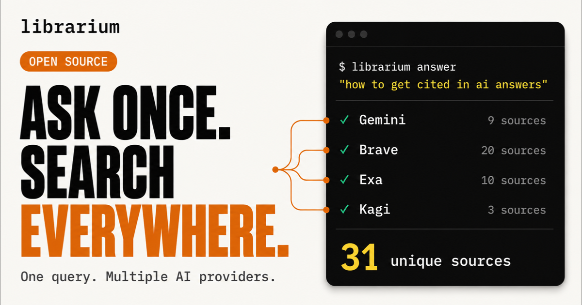 Librarium thumbnail with a search terminal and the headline Ask once. Search everywhere.