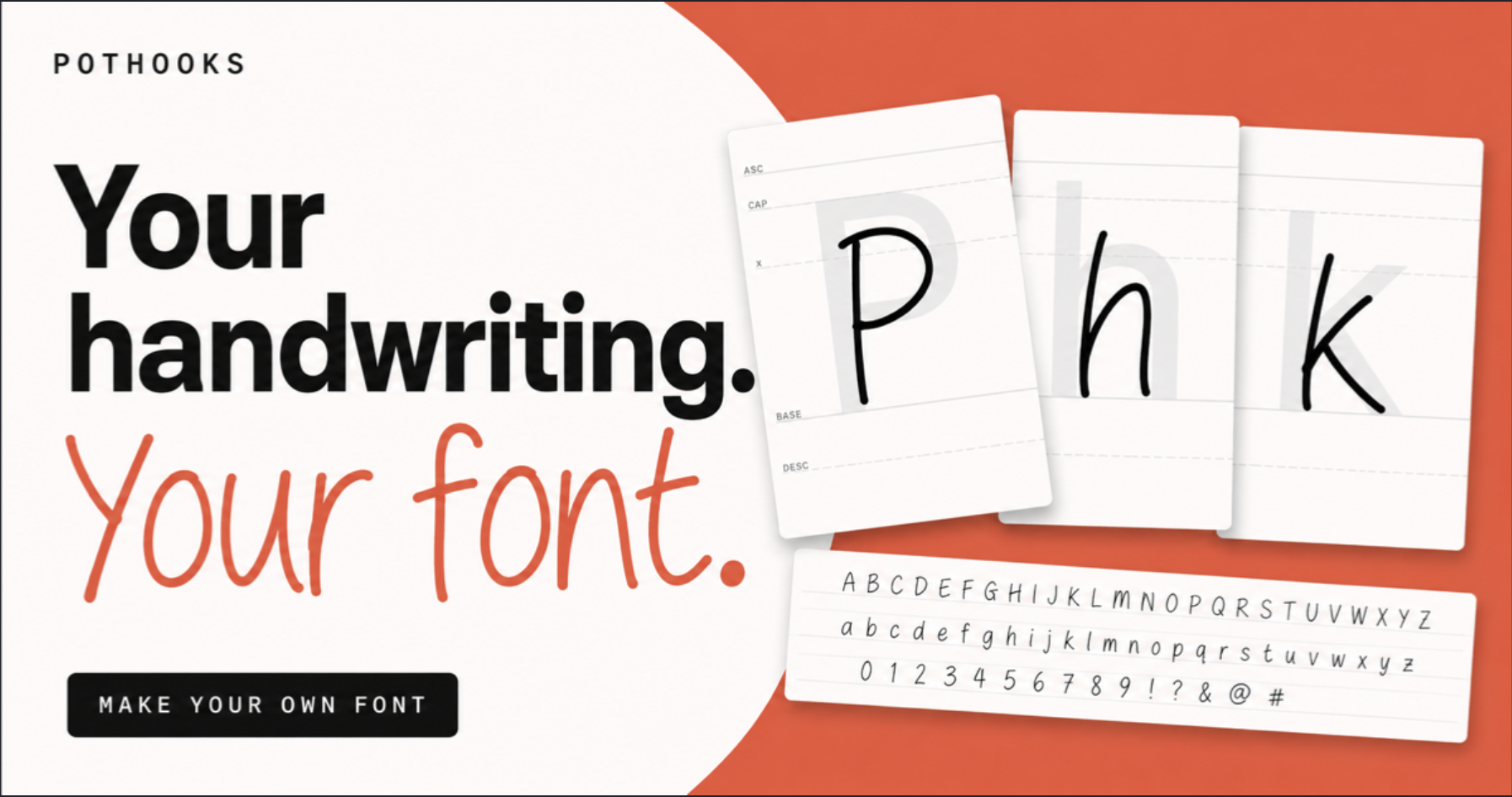 Pothooks thumbnail with handwriting cards and the headline Your handwriting. Your font.